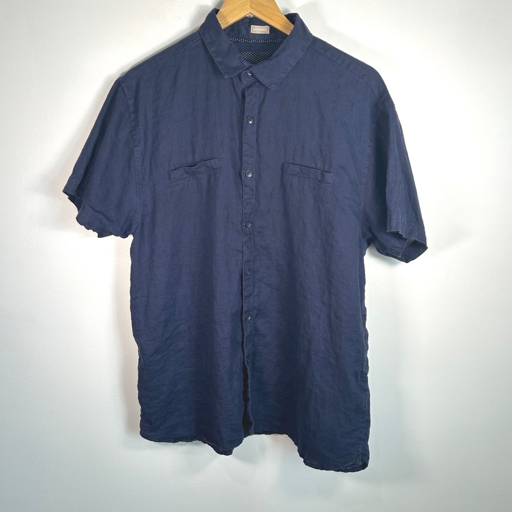 Bruno Pure‎ 100 % Linen Mens Navy Blue Short Sleeve Button Up Shirt Size L